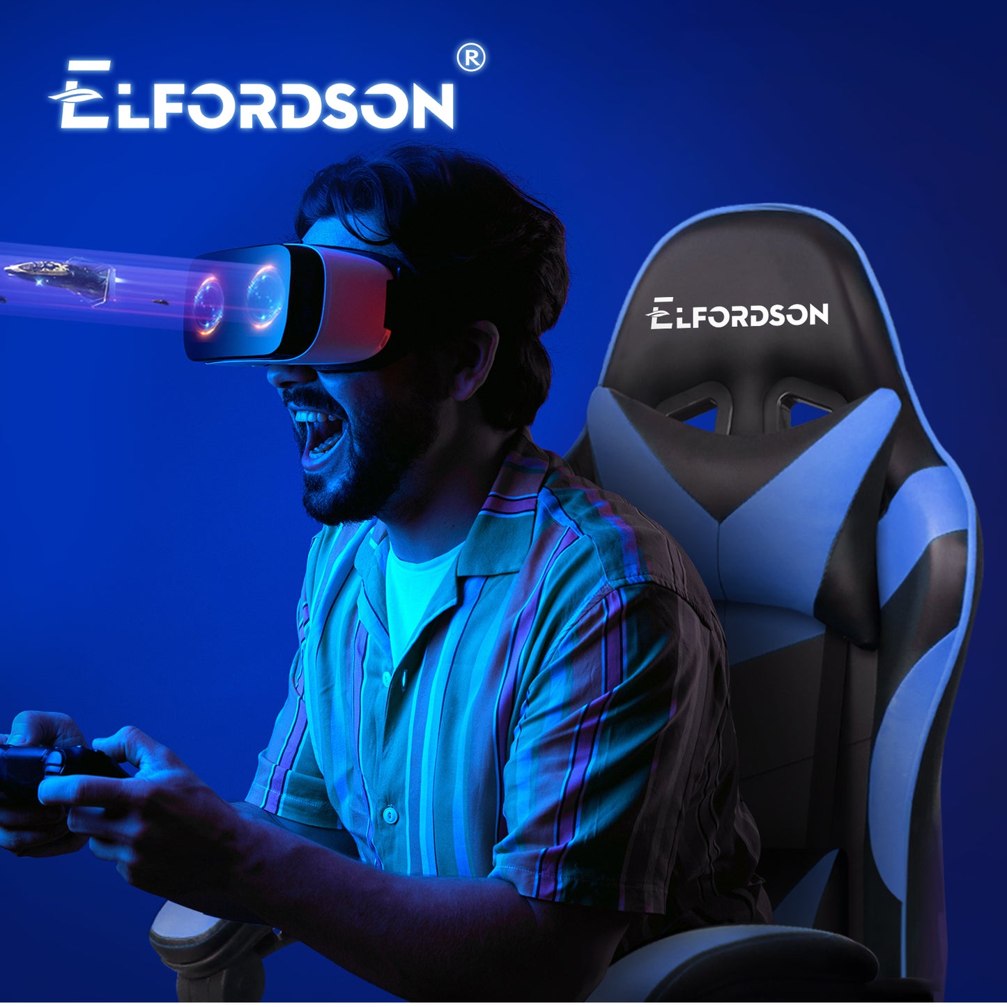 ELFORDSON Gaming Chair Office Massage Computer Racing Seat PU Leather Blue