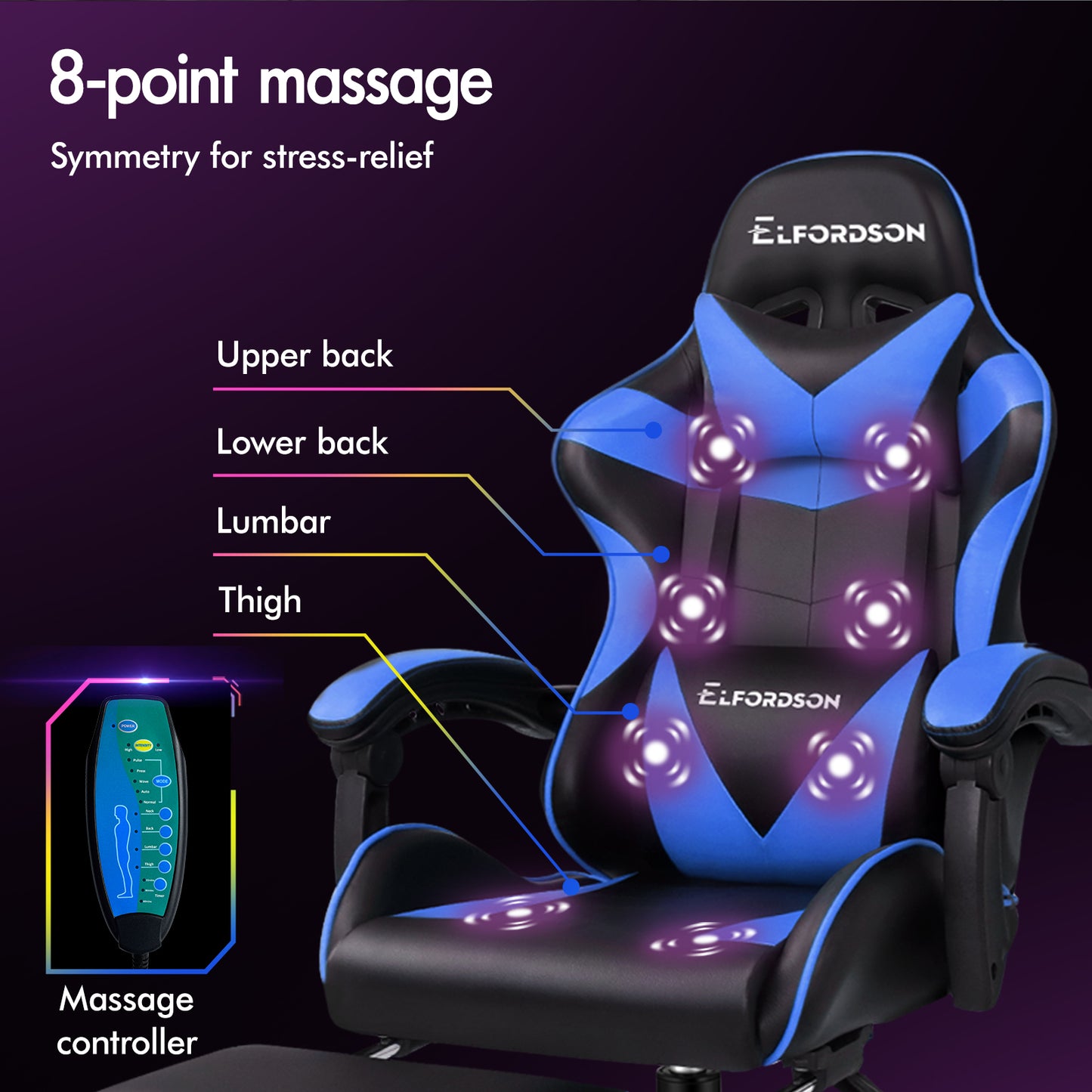 ELFORDSON Gaming Chair Office Massage Computer Racing Seat PU Leather Blue