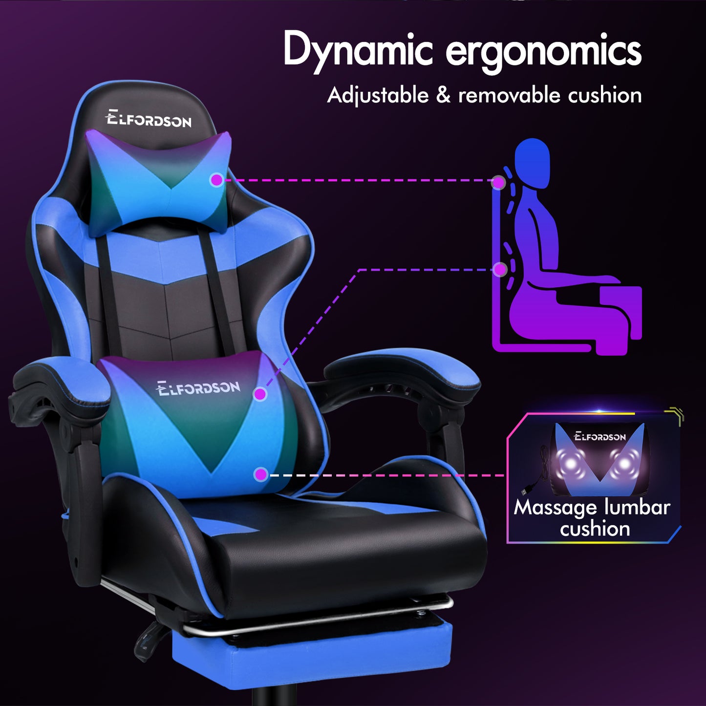 ELFORDSON Gaming Chair Office Massage Computer Racing Seat PU Leather Blue