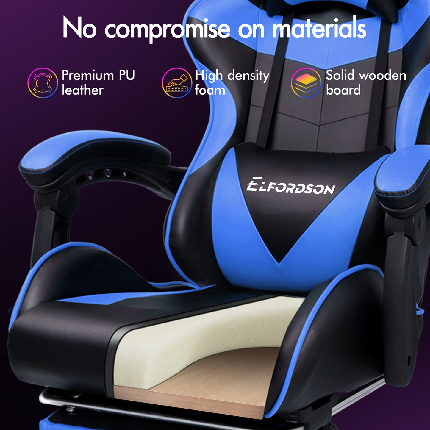 ELFORDSON Gaming Chair Office Massage Computer Racing Seat PU Leather Blue