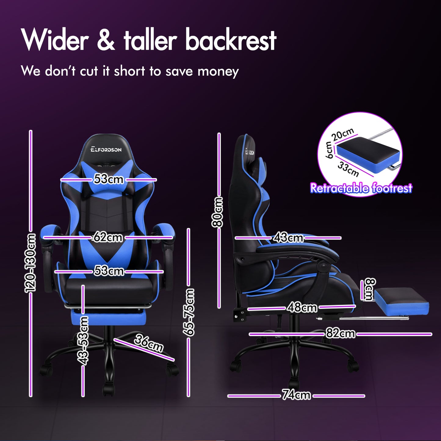 ELFORDSON Gaming Chair Office Massage Computer Racing Seat PU Leather Blue