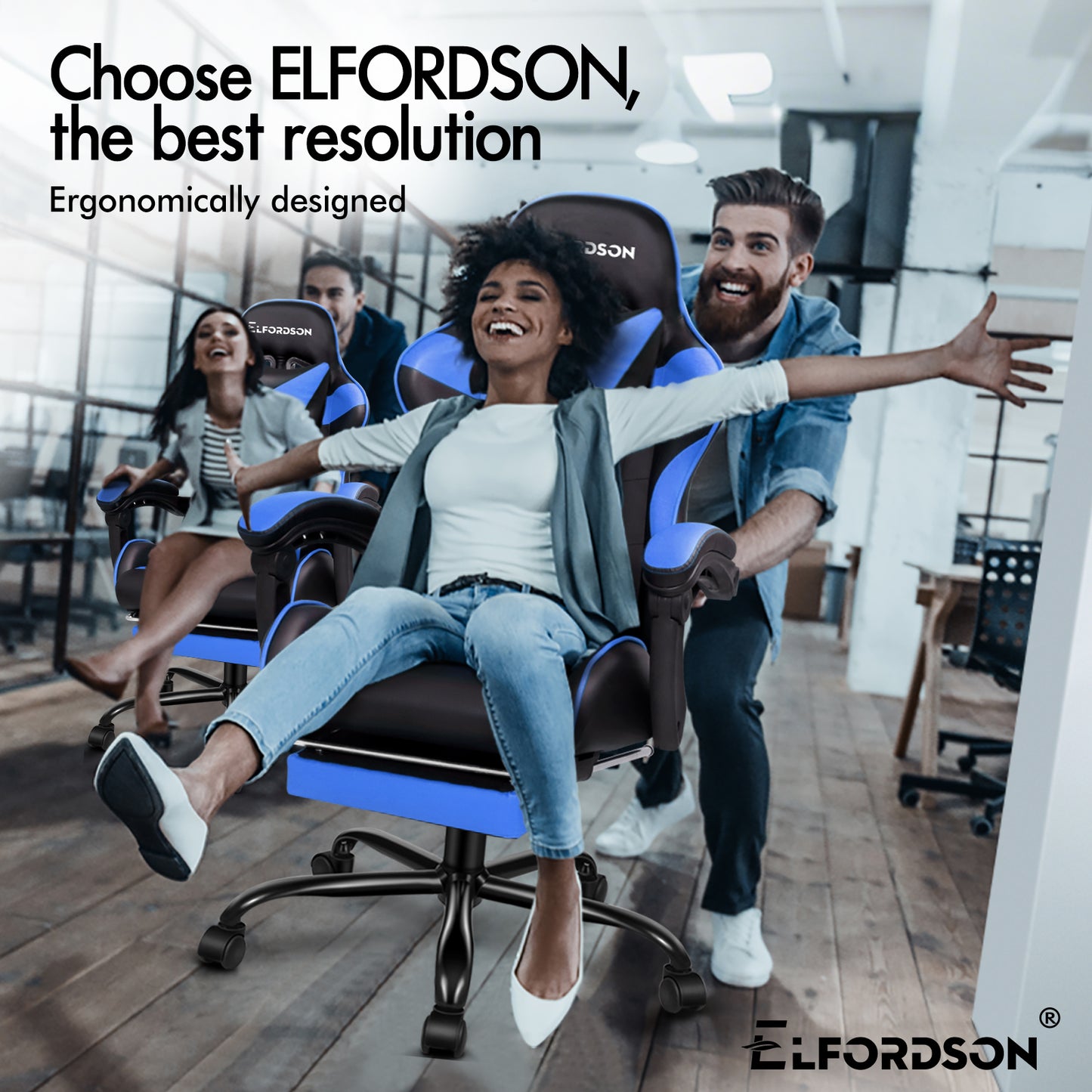 ELFORDSON Gaming Chair Office Massage Computer Racing Seat PU Leather Blue
