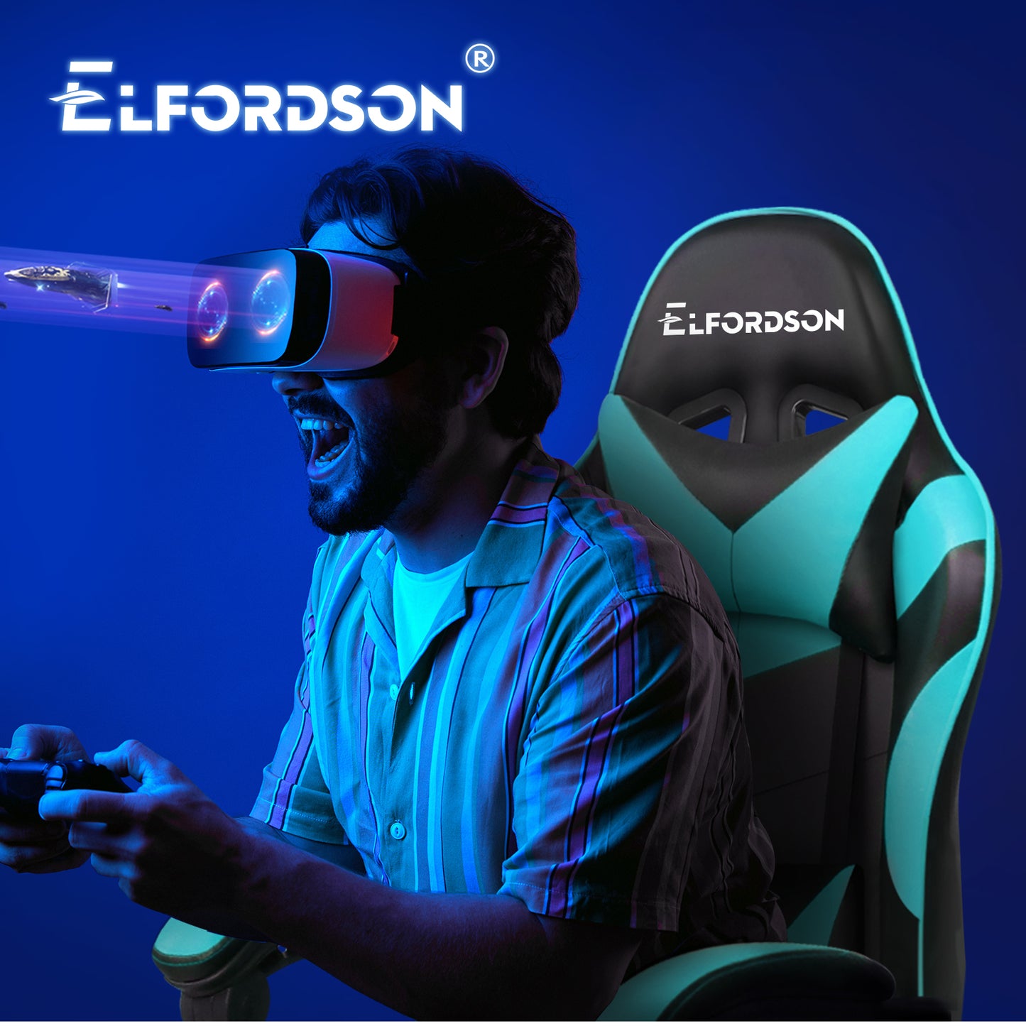 ELFORDSON Gaming Chair Office Massage Computer Racing Seat PU Leather Cyan