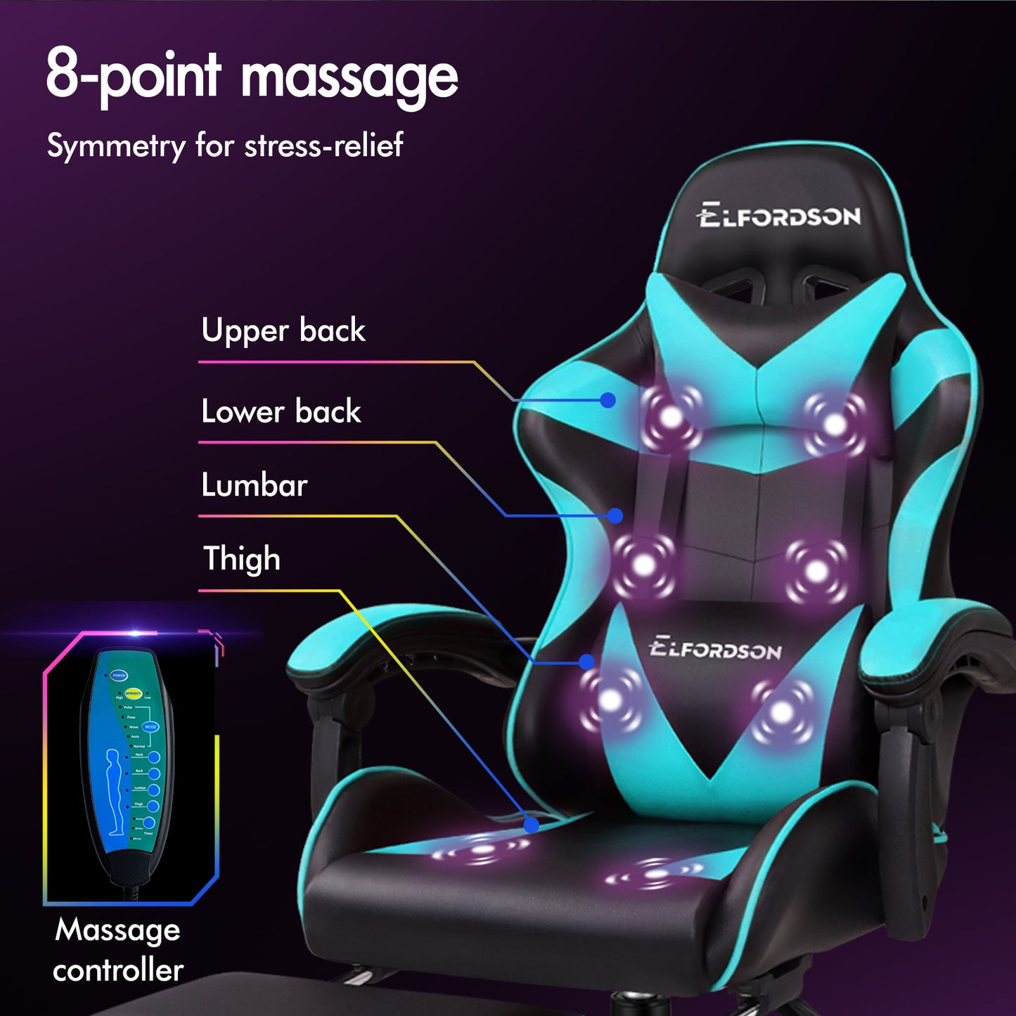 ELFORDSON Gaming Chair Office Massage Computer Racing Seat PU Leather Cyan