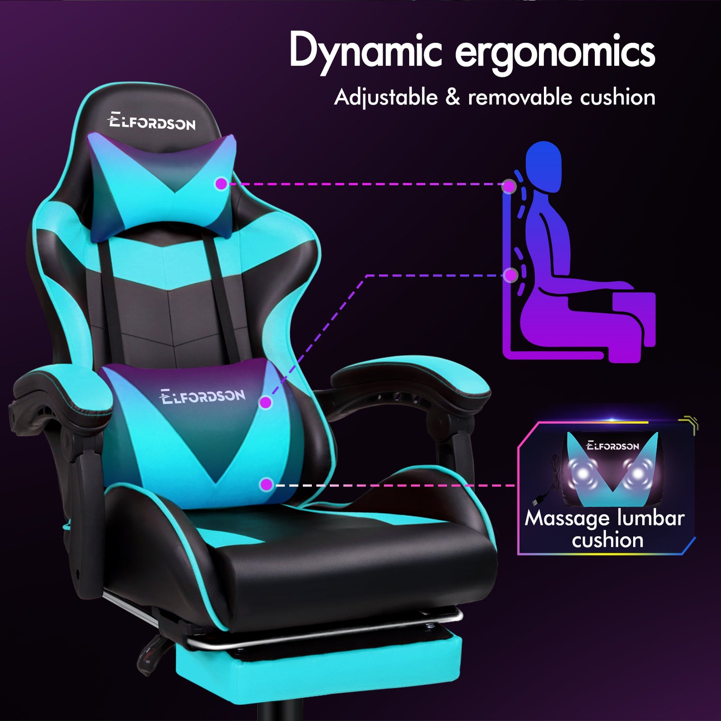 ELFORDSON Gaming Chair Office Massage Computer Racing Seat PU Leather Cyan