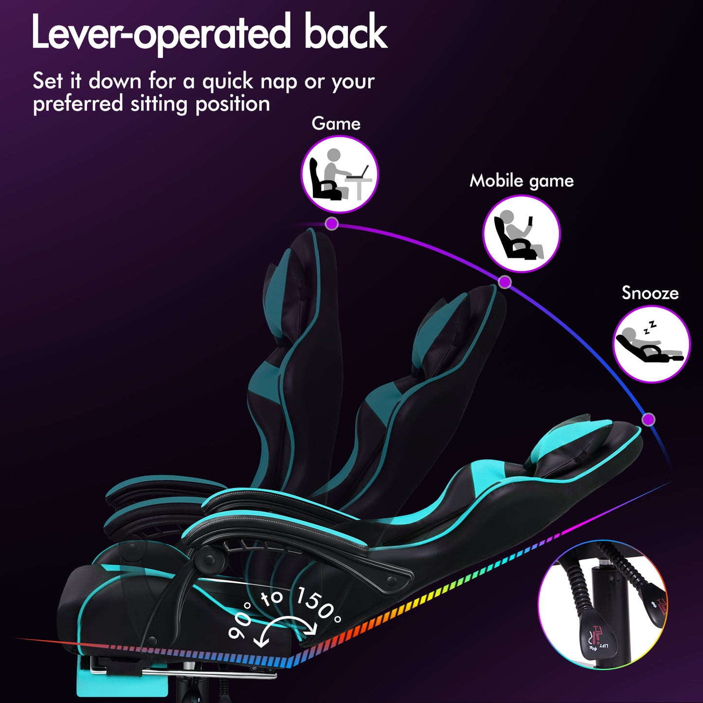 ELFORDSON Gaming Chair Office Massage Computer Racing Seat PU Leather Cyan