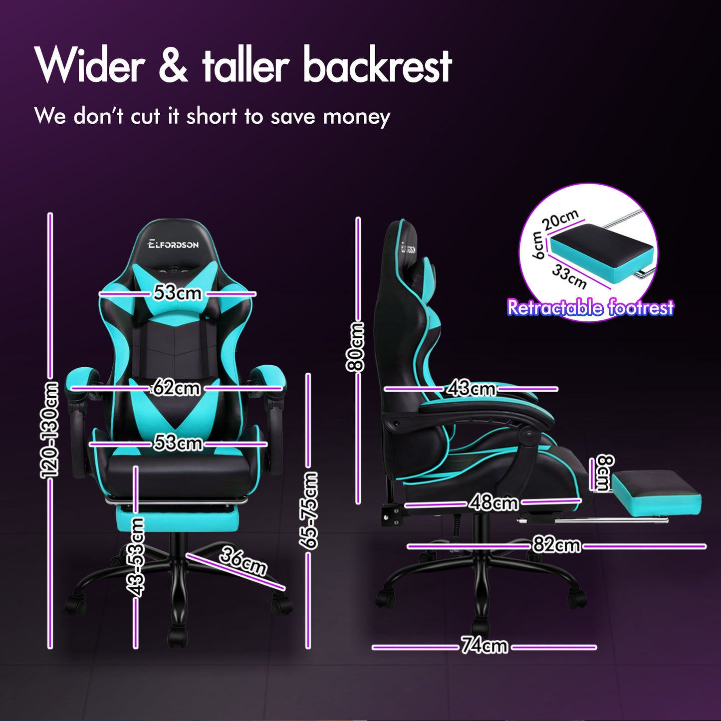 ELFORDSON Gaming Chair Office Massage Computer Racing Seat PU Leather Cyan