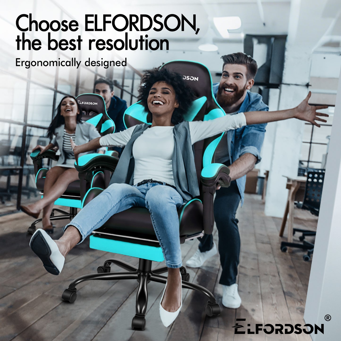 ELFORDSON Gaming Chair Office Massage Computer Racing Seat PU Leather Cyan