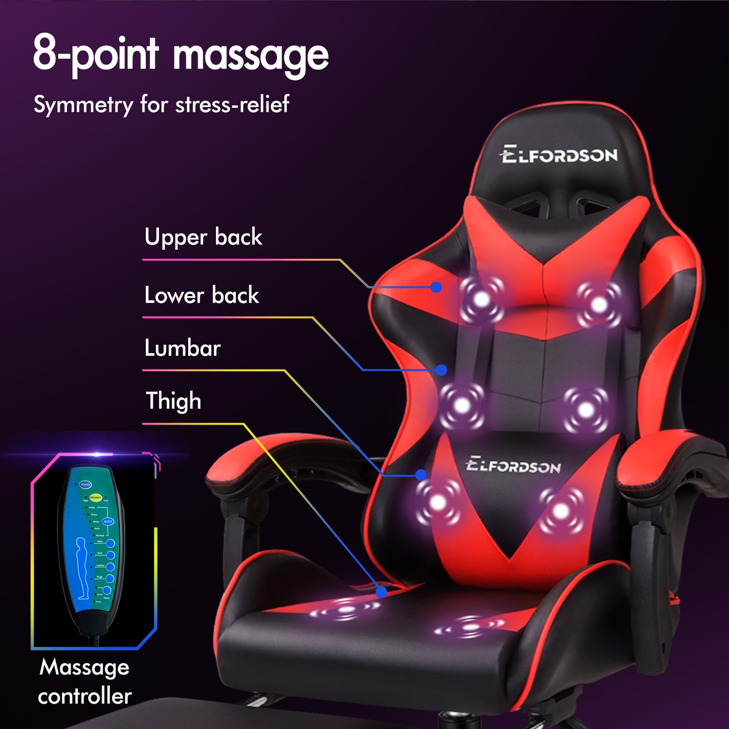 ELFORDSON Gaming Chair Office Massage Computer Racing Seat PU Leather Red