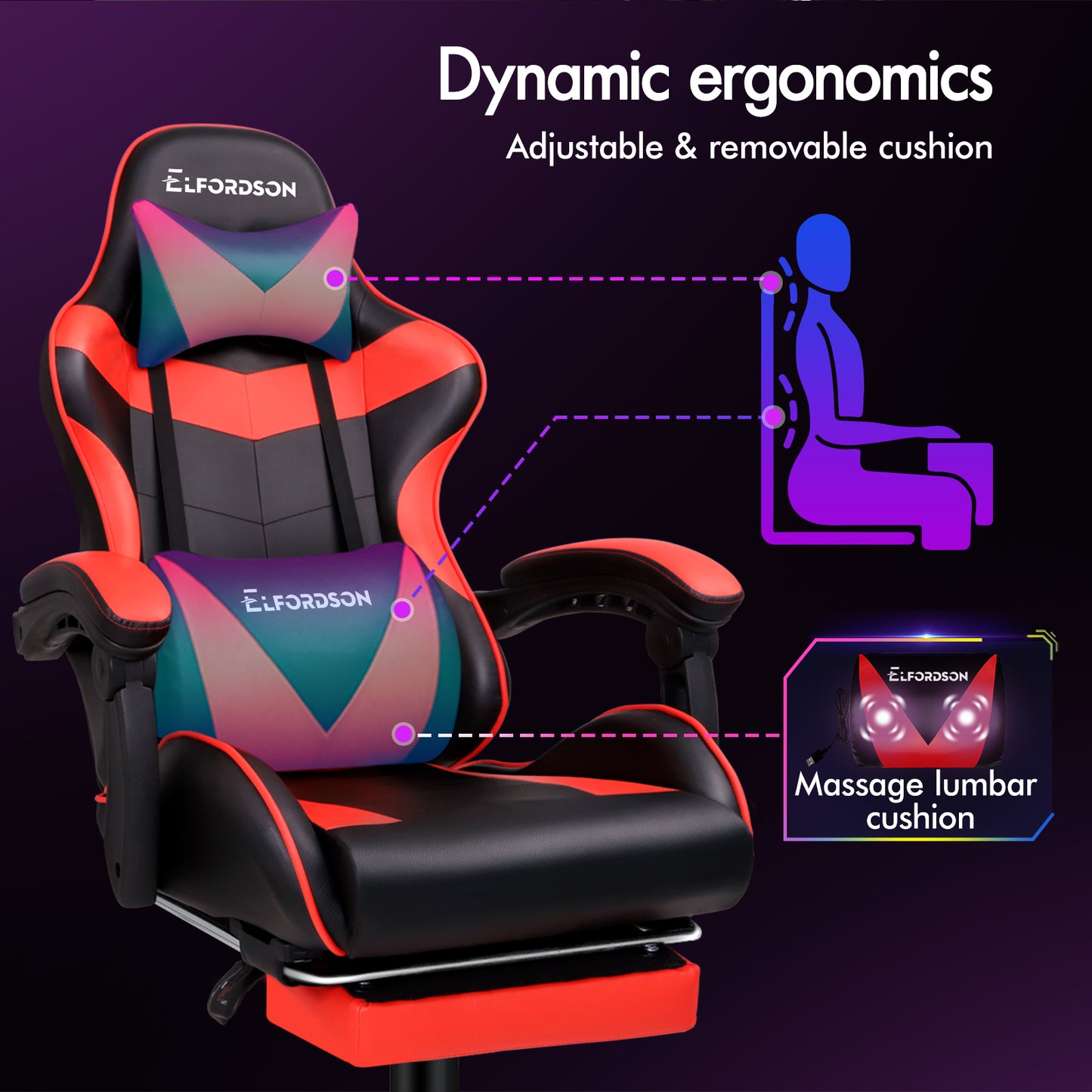 ELFORDSON Gaming Chair Office Massage Computer Racing Seat PU Leather Red