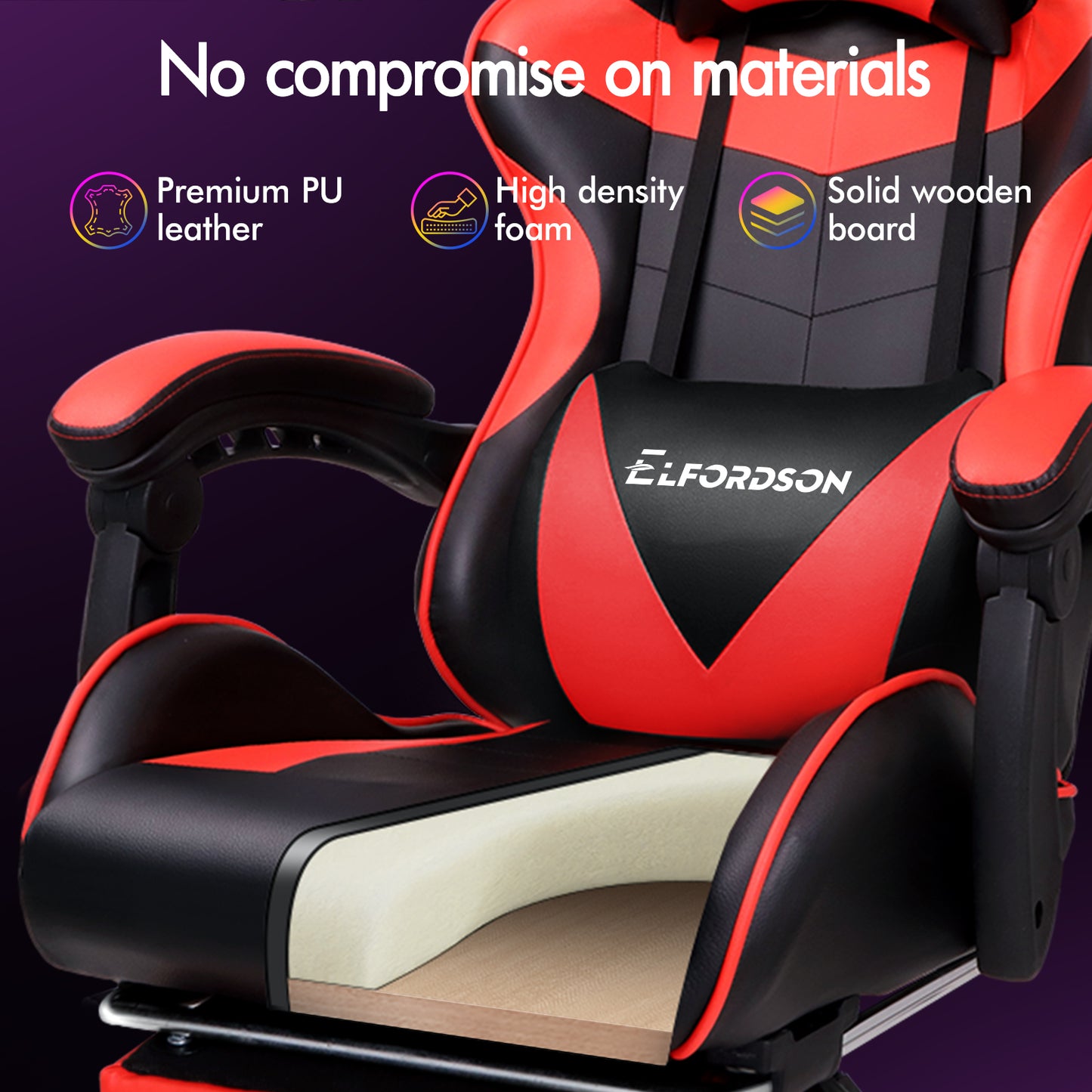 ELFORDSON Gaming Chair Office Massage Computer Racing Seat PU Leather Red