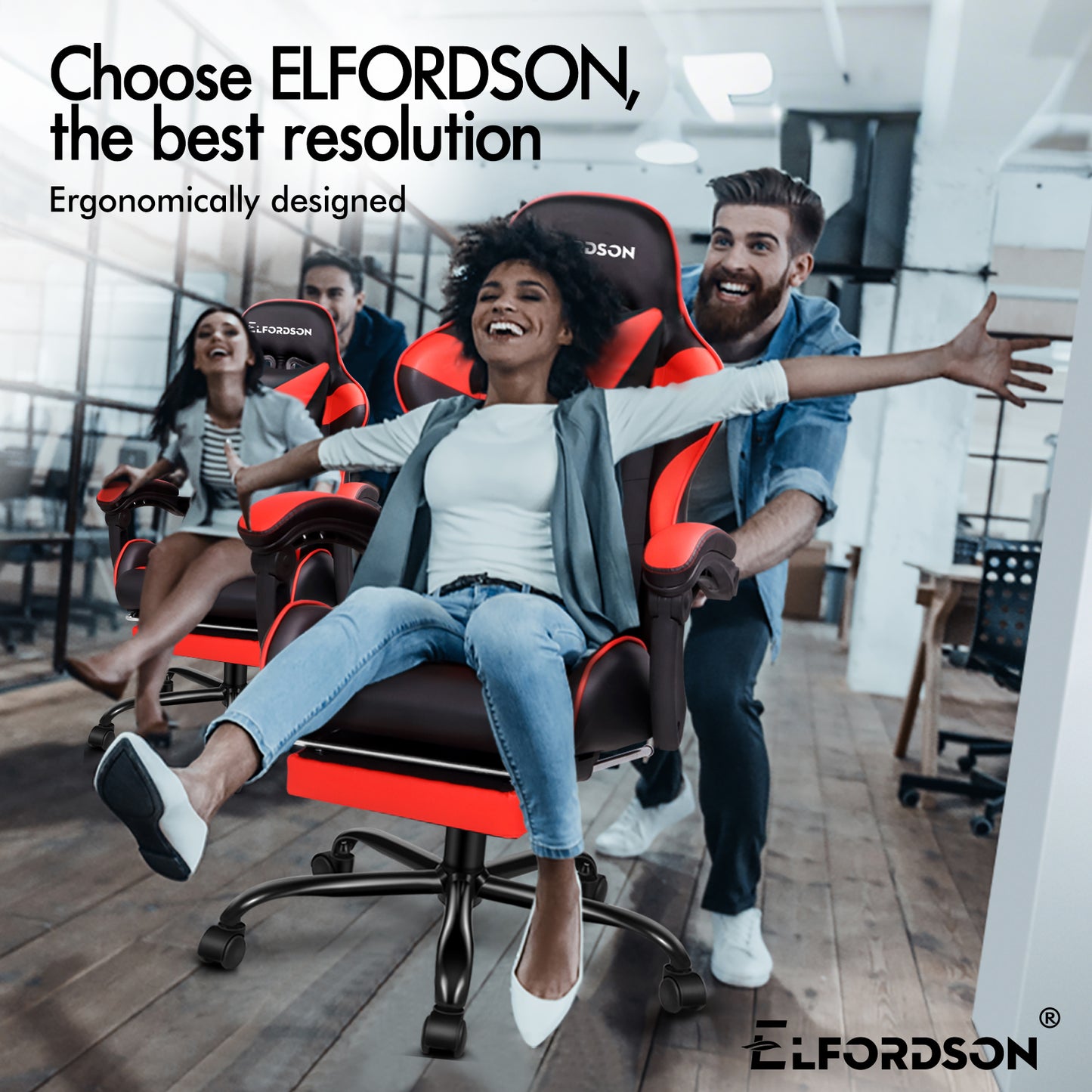 ELFORDSON Gaming Chair Office Massage Computer Racing Seat PU Leather Red