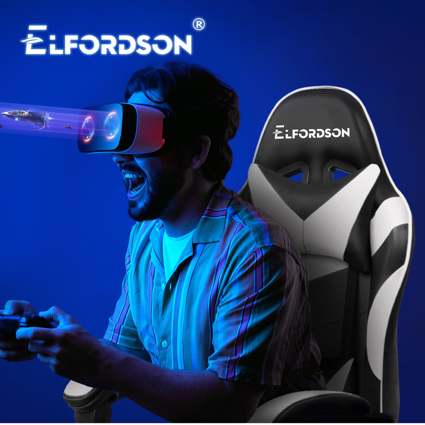 ELFORDSON Gaming Chair Office Massage Computer Racing Seat PU Leather White