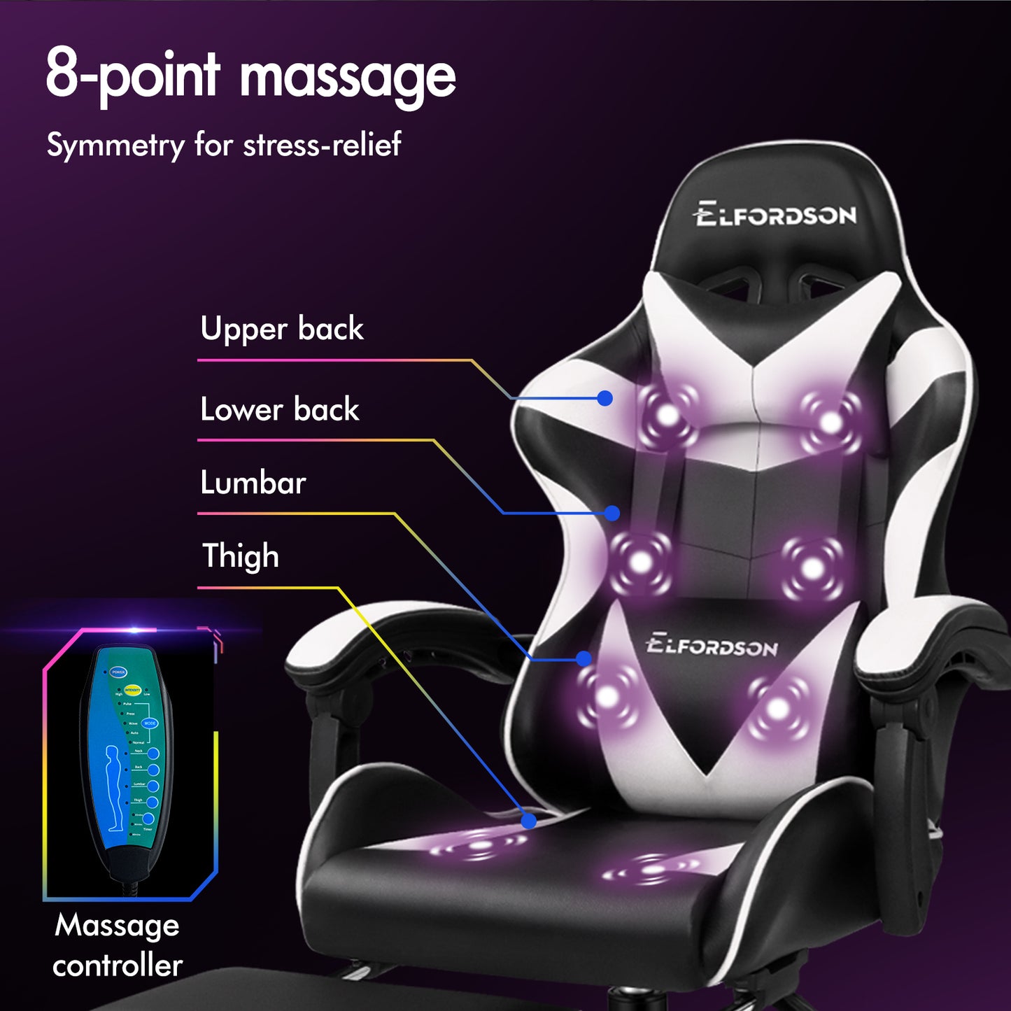 ELFORDSON Gaming Chair Office Massage Computer Racing Seat PU Leather White
