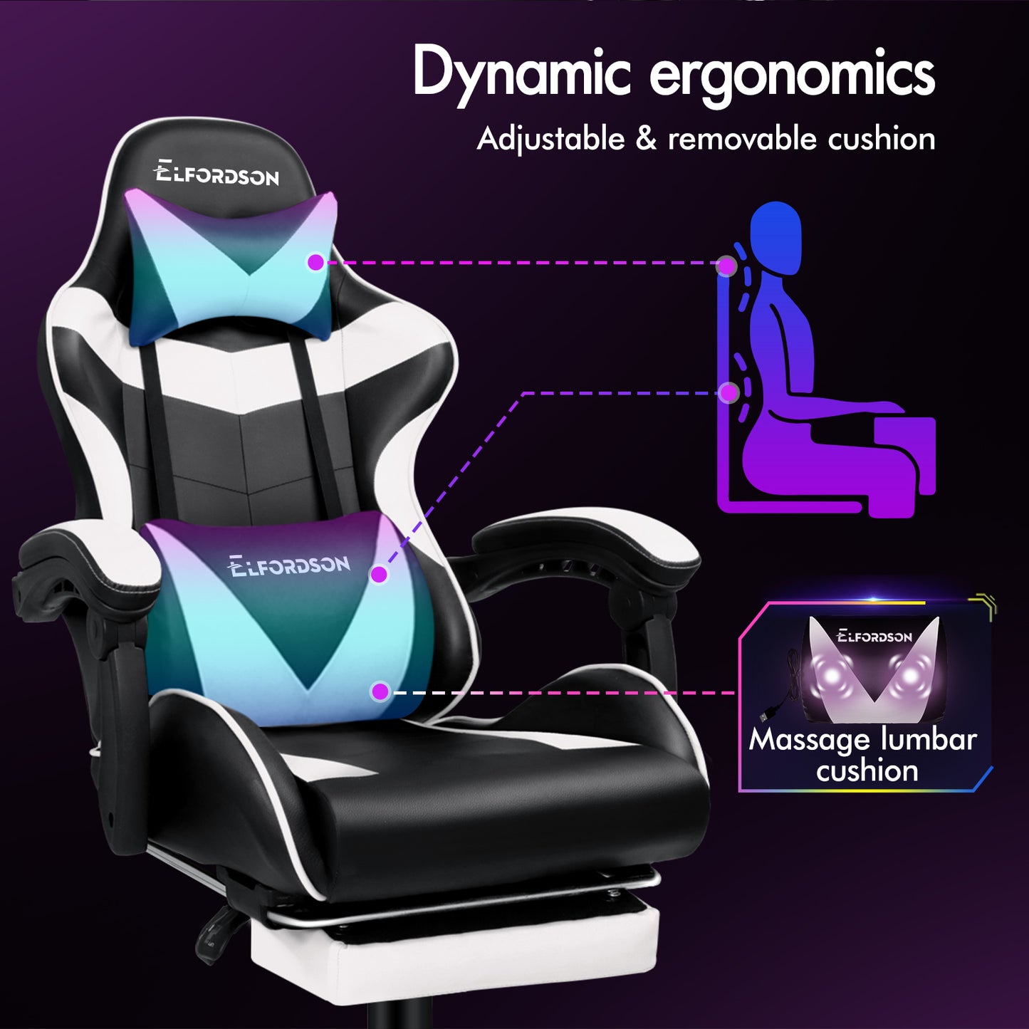 ELFORDSON Gaming Chair Office Massage Computer Racing Seat PU Leather White