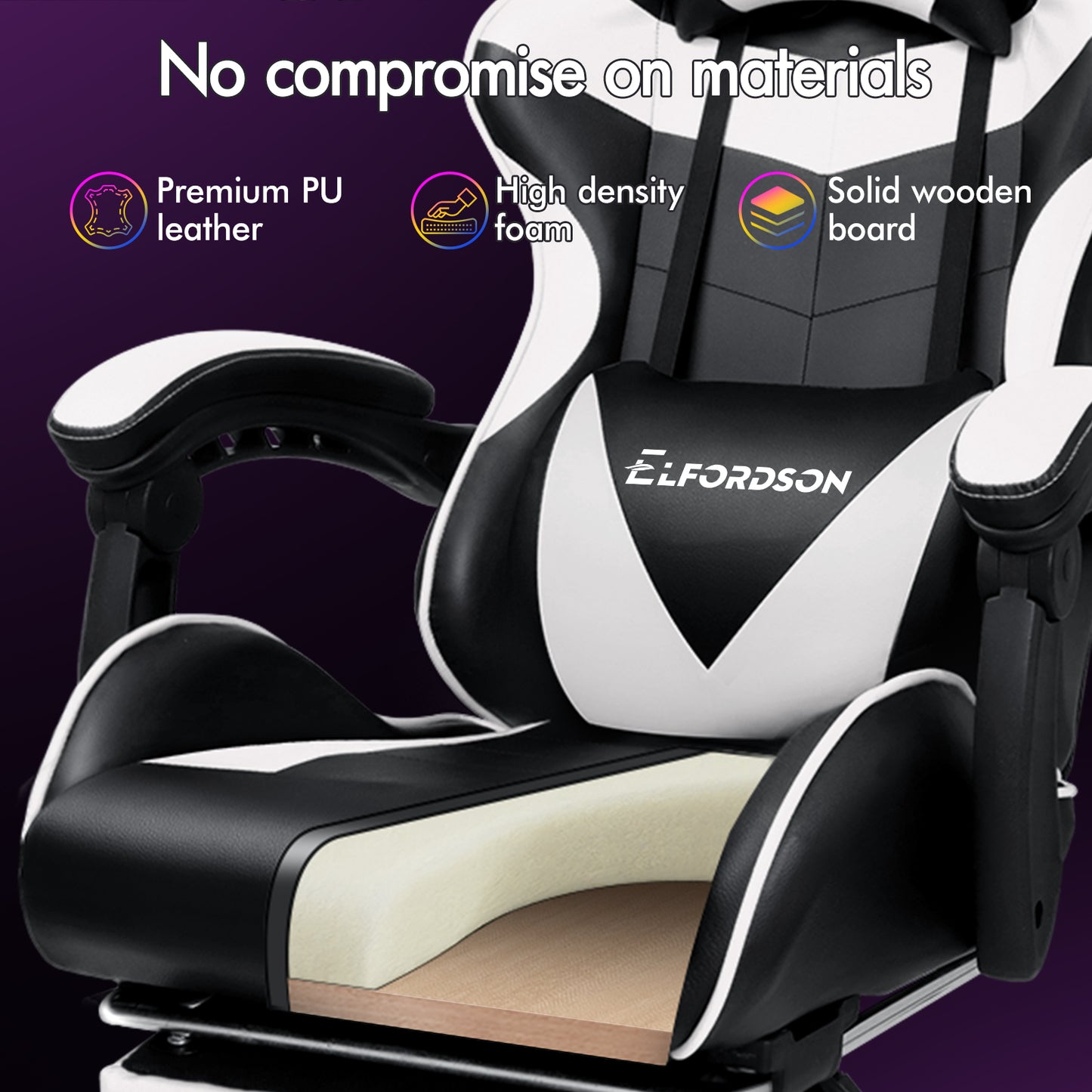 ELFORDSON Gaming Chair Office Massage Computer Racing Seat PU Leather White