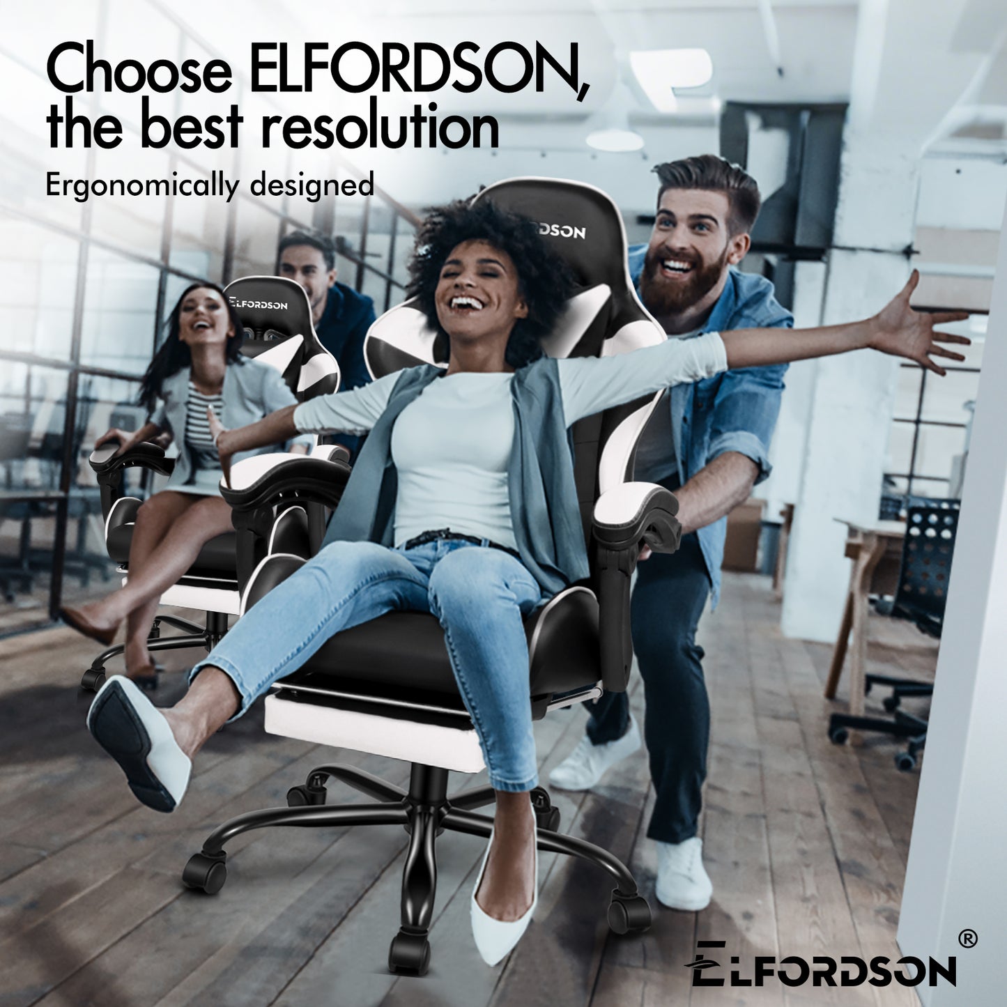 ELFORDSON Gaming Chair Office Massage Computer Racing Seat PU Leather White