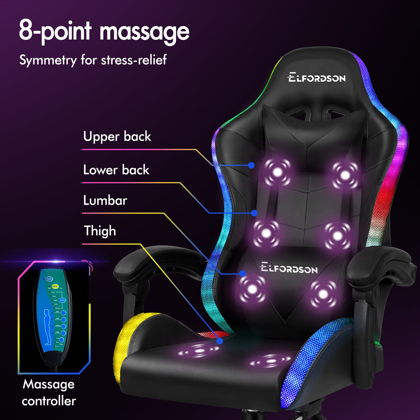 ELFORDSON Gaming Chair Office Massage 12 RGB LED Computer Seat PU Leather Black