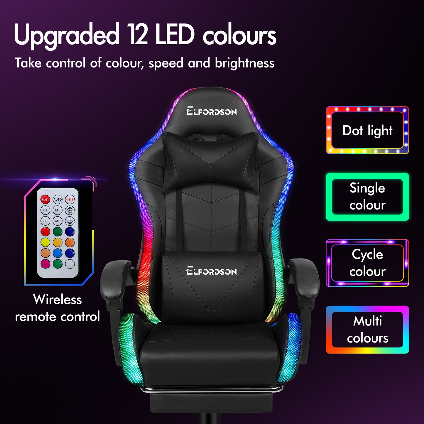 ELFORDSON Gaming Chair Office Massage 12 RGB LED Computer Seat PU Leather Black