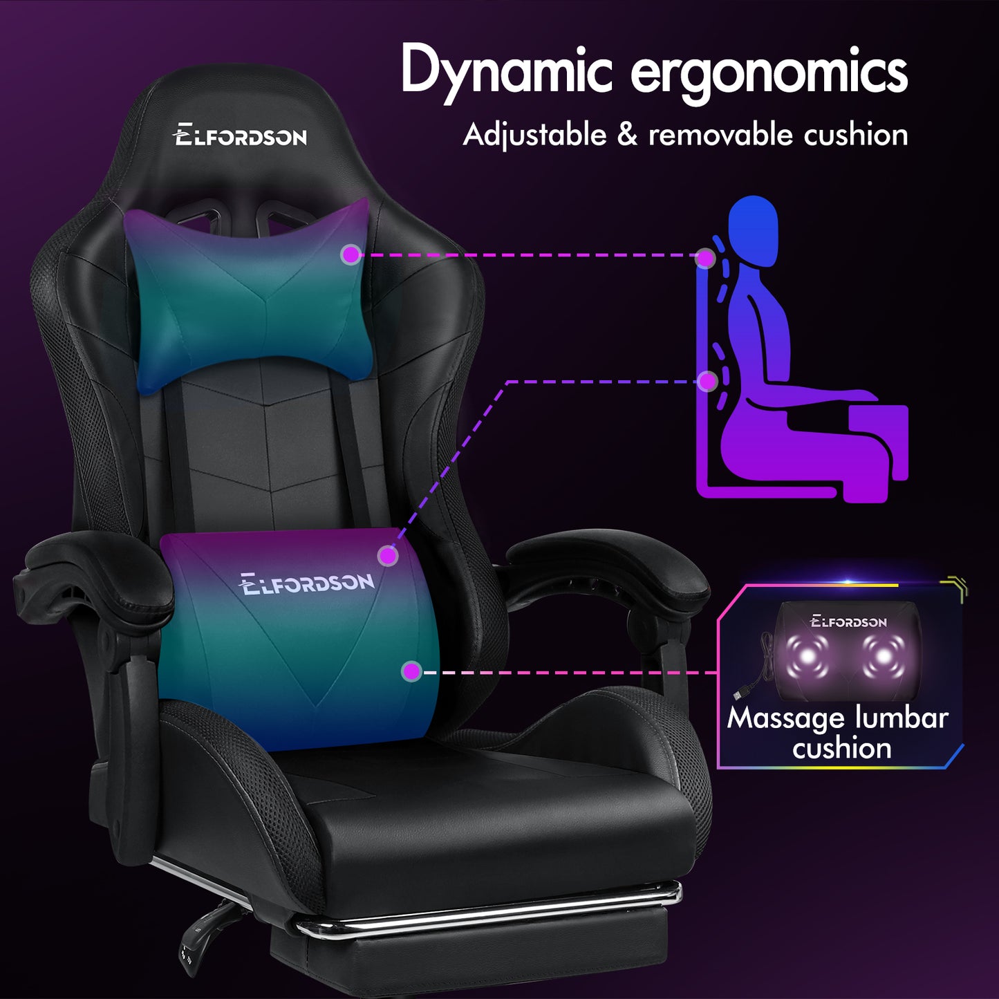 ELFORDSON Gaming Chair Office Massage 12 RGB LED Computer Seat PU Leather Black