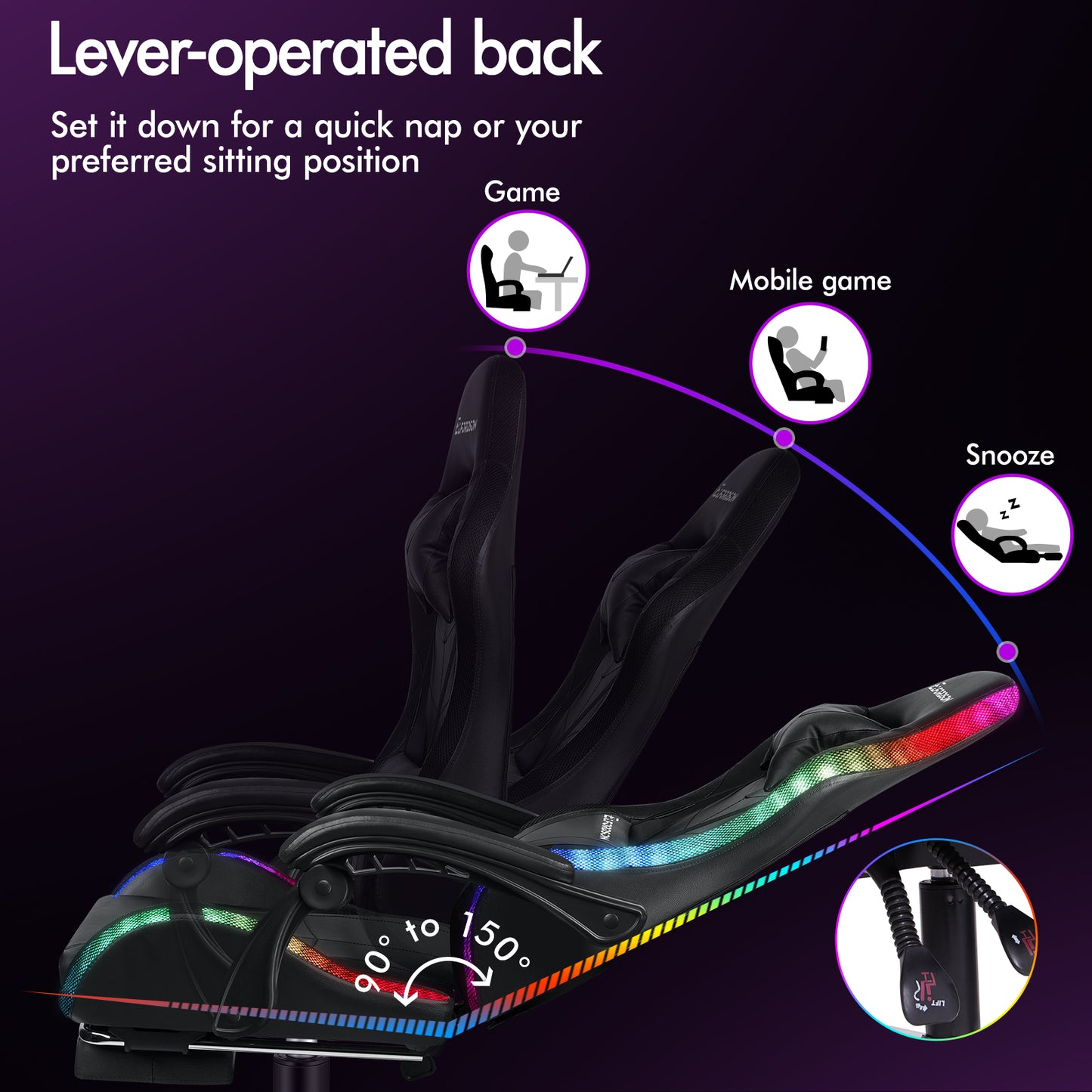 ELFORDSON Gaming Chair Office Massage 12 RGB LED Computer Seat PU Leather Black