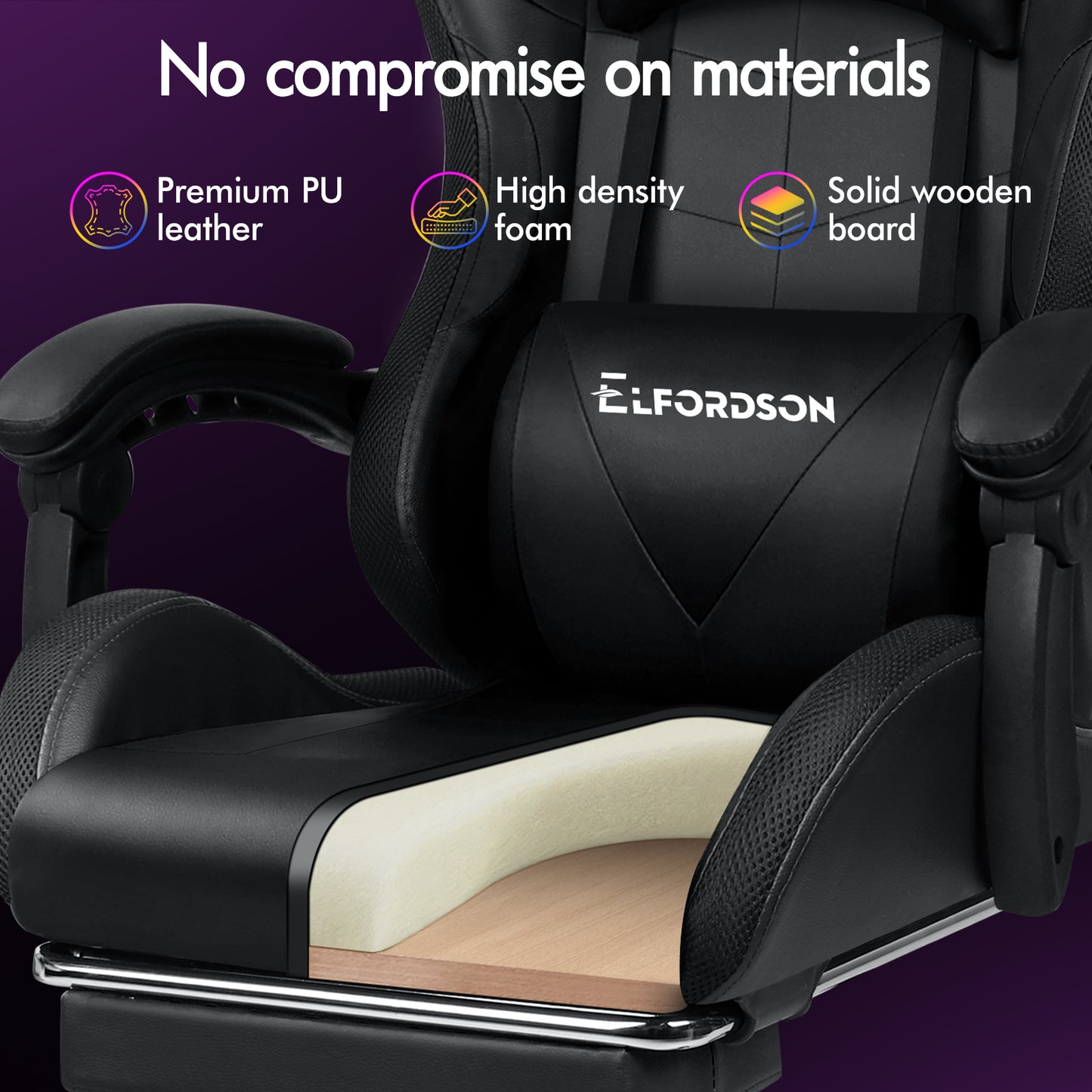 ELFORDSON Gaming Chair Office Massage 12 RGB LED Computer Seat PU Leather Black