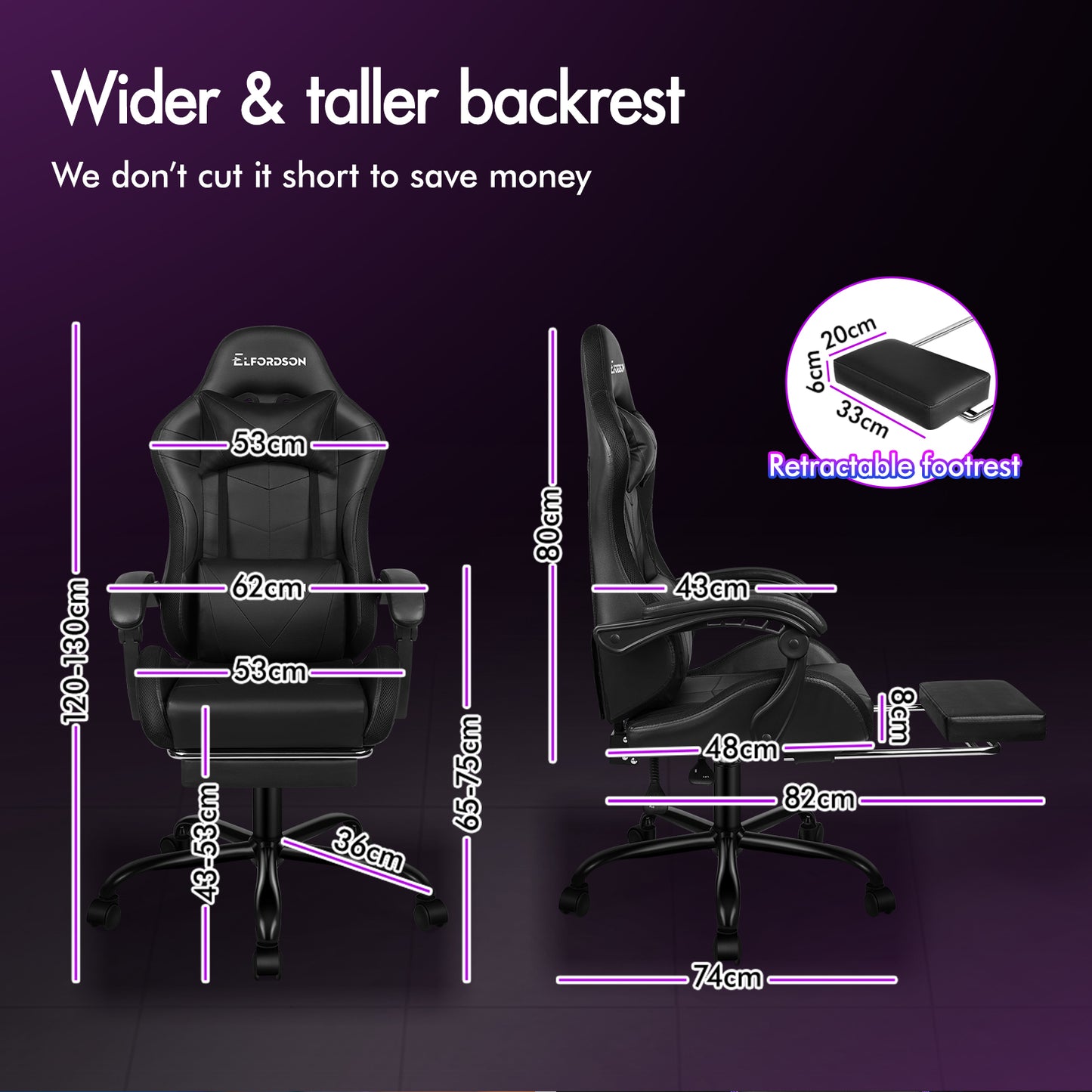 ELFORDSON Gaming Chair Office Massage 12 RGB LED Computer Seat PU Leather Black