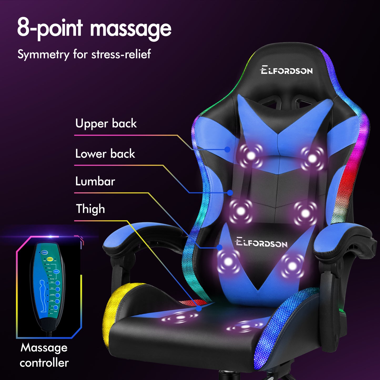 ELFORDSON Gaming Chair Office Massage 12 RGB LED Computer Seat PU Leather Blue