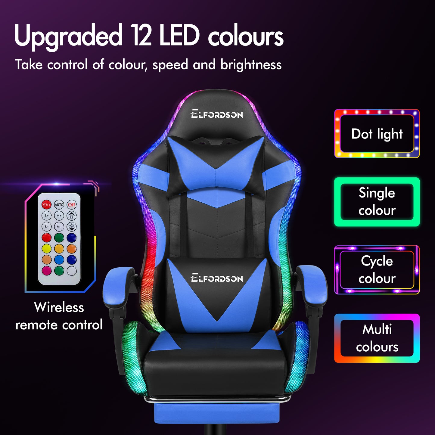 ELFORDSON Gaming Chair Office Massage 12 RGB LED Computer Seat PU Leather Blue