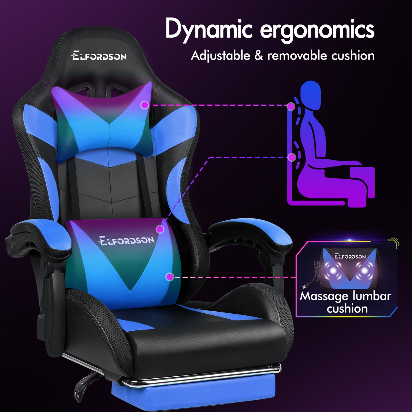 ELFORDSON Gaming Chair Office Massage 12 RGB LED Computer Seat PU Leather Blue