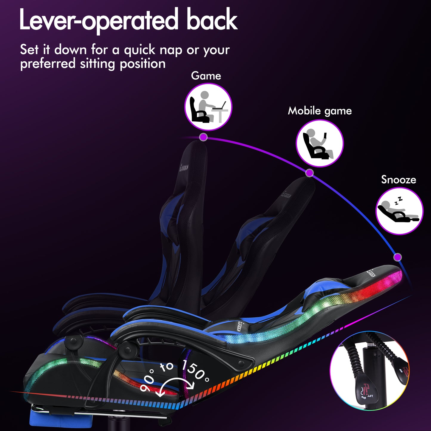 ELFORDSON Gaming Chair Office Massage 12 RGB LED Computer Seat PU Leather Blue