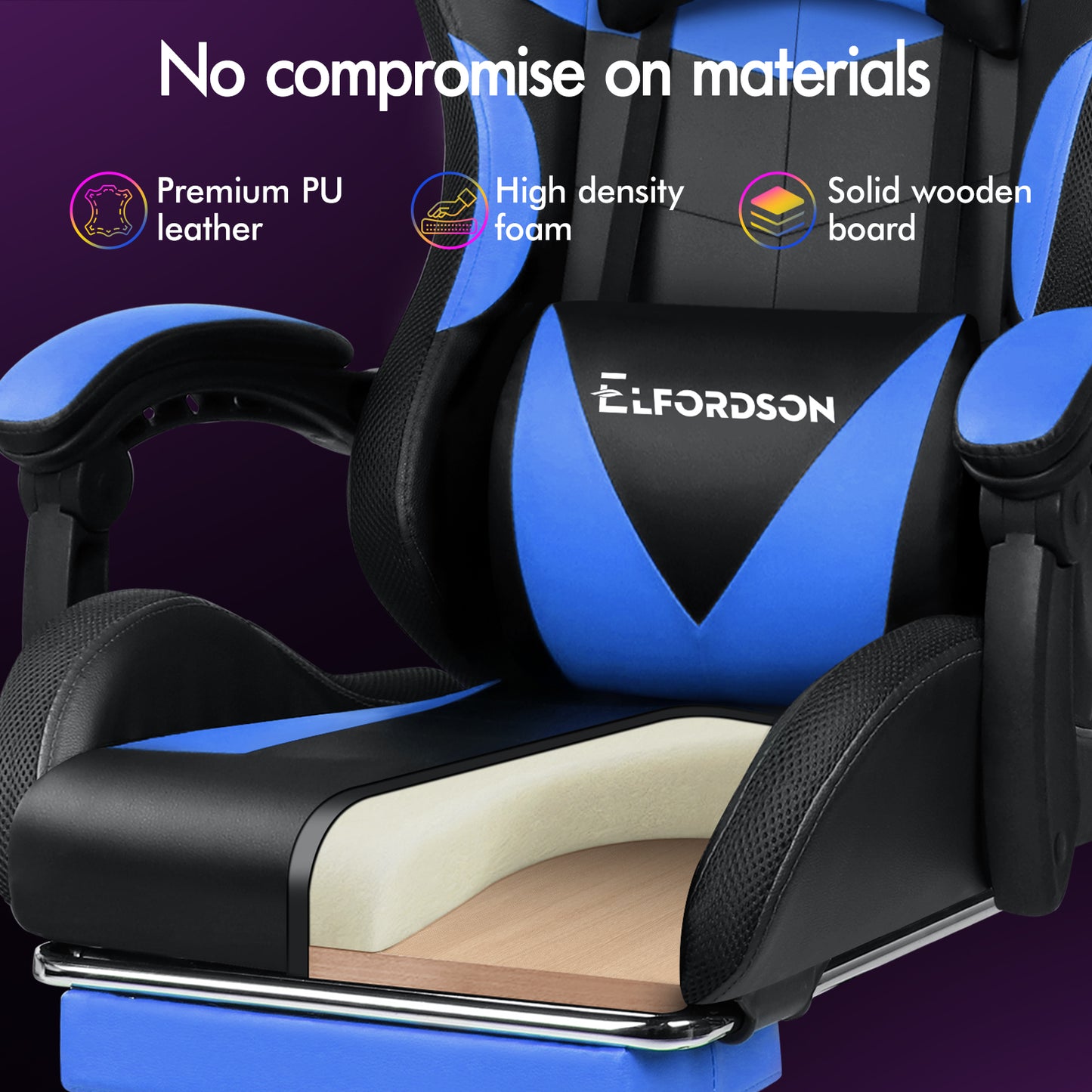 ELFORDSON Gaming Chair Office Massage 12 RGB LED Computer Seat PU Leather Blue