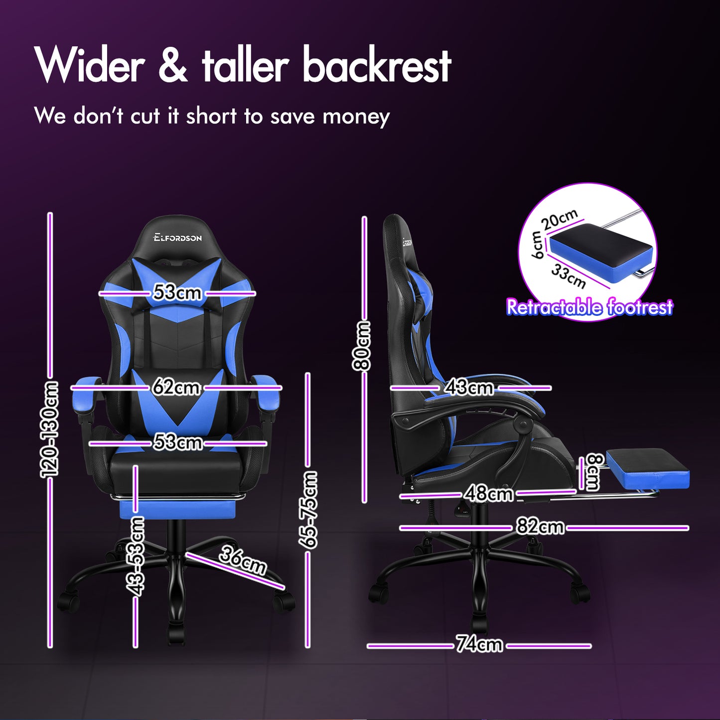 ELFORDSON Gaming Chair Office Massage 12 RGB LED Computer Seat PU Leather Blue