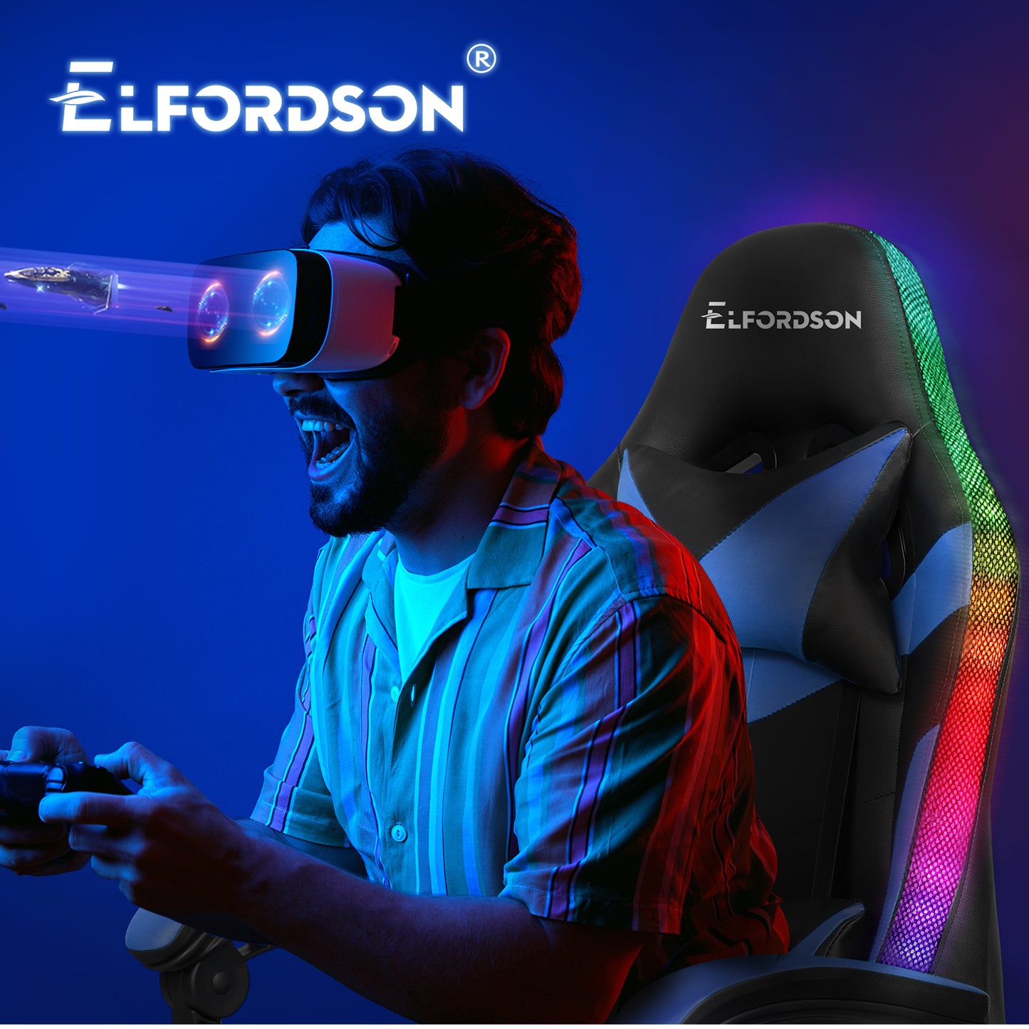 ELFORDSON Gaming Chair Office Massage 12 RGB LED Computer Seat PU Leather Blue