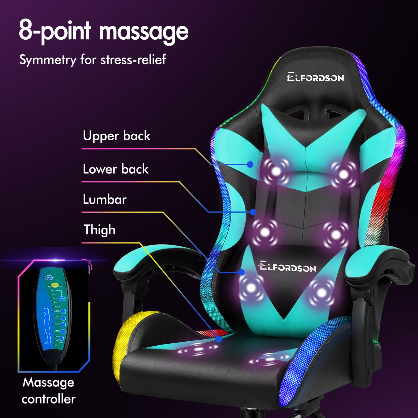 ELFORDSON Gaming Chair Office Massage 12 RGB LED Computer Seat PU Leather Cyan