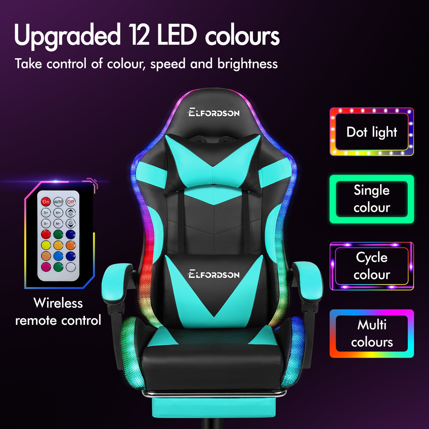 ELFORDSON Gaming Chair Office Massage 12 RGB LED Computer Seat PU Leather Cyan