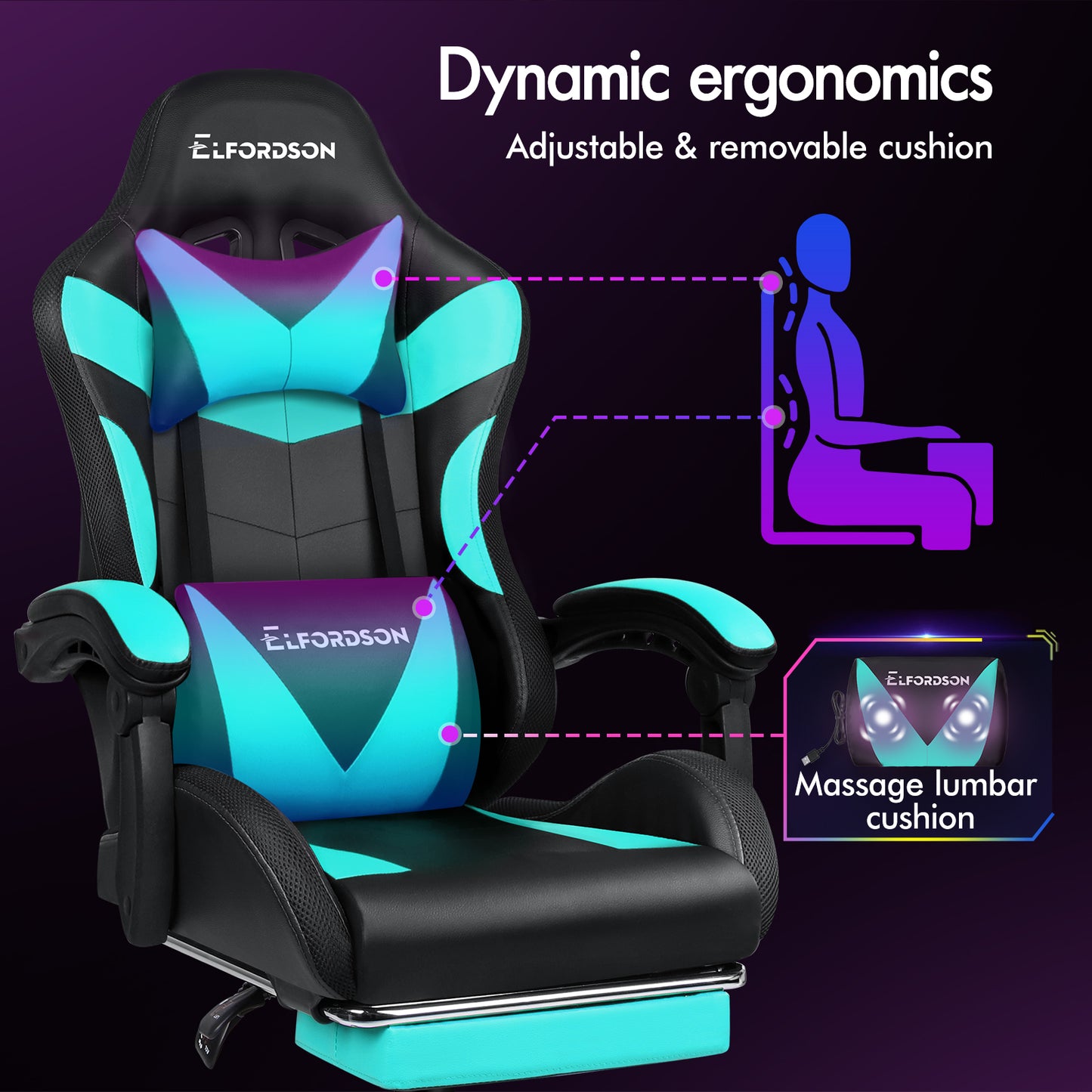 ELFORDSON Gaming Chair Office Massage 12 RGB LED Computer Seat PU Leather Cyan