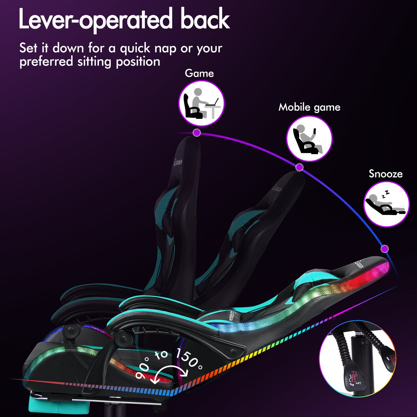ELFORDSON Gaming Chair Office Massage 12 RGB LED Computer Seat PU Leather Cyan