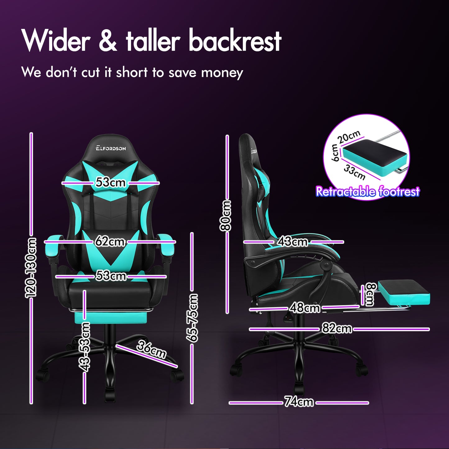 ELFORDSON Gaming Chair Office Massage 12 RGB LED Computer Seat PU Leather Cyan