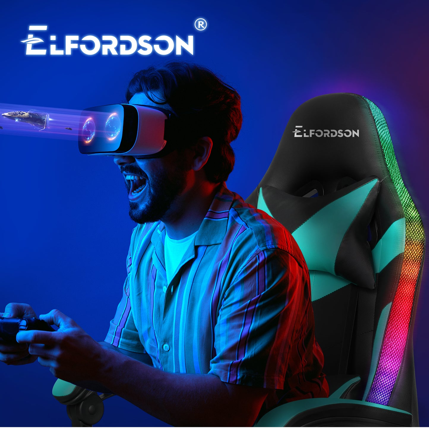 ELFORDSON Gaming Chair Office Massage 12 RGB LED Computer Seat PU Leather Cyan