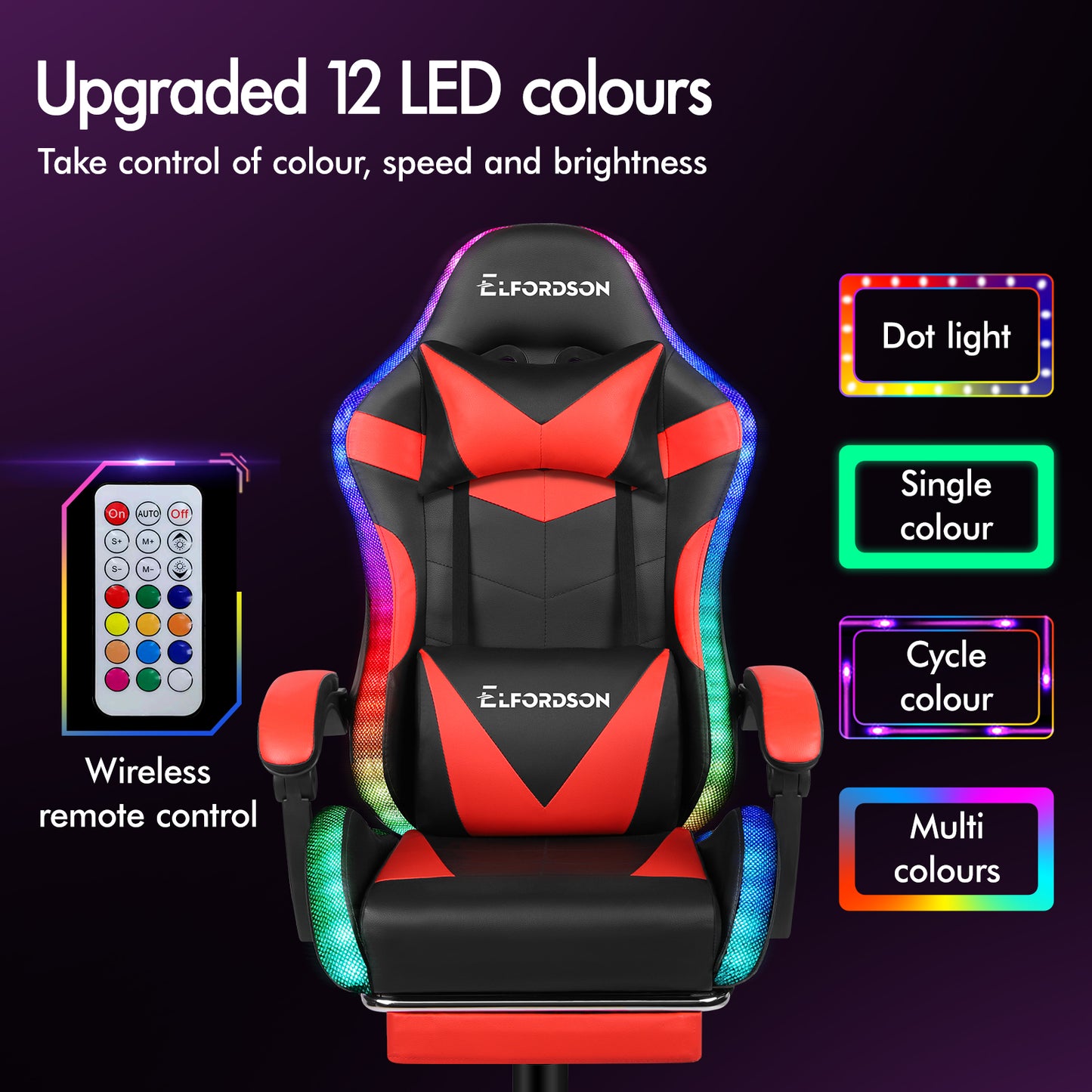 ELFORDSON Gaming Chair Office Massage 12 RGB LED Computer Seat PU Leather Red