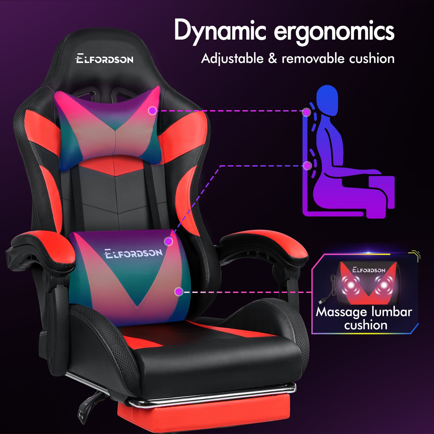 ELFORDSON Gaming Chair Office Massage 12 RGB LED Computer Seat PU Leather Red