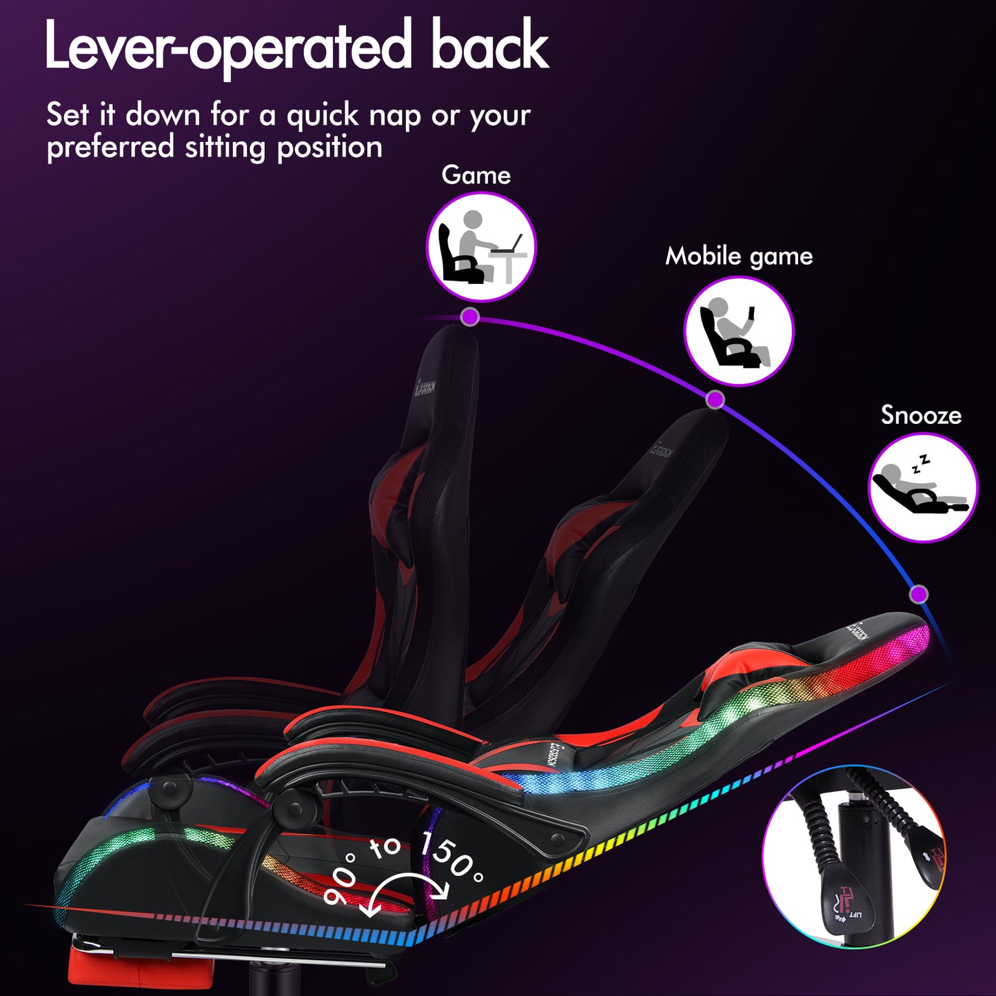 ELFORDSON Gaming Chair Office Massage 12 RGB LED Computer Seat PU Leather Red