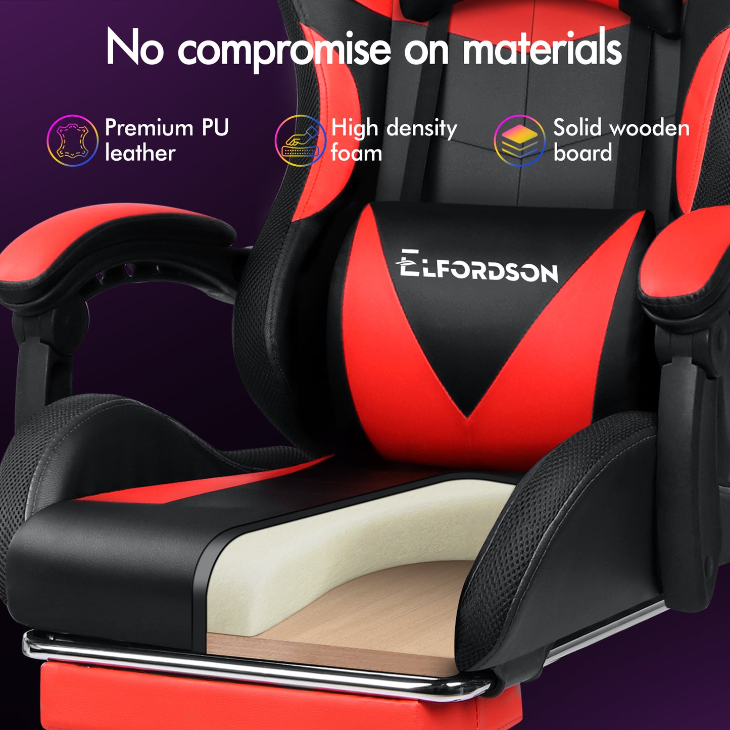 ELFORDSON Gaming Chair Office Massage 12 RGB LED Computer Seat PU Leather Red