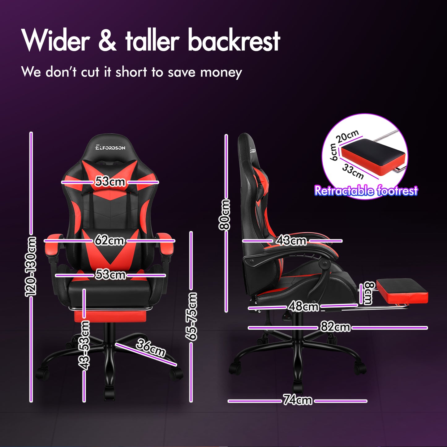 ELFORDSON Gaming Chair Office Massage 12 RGB LED Computer Seat PU Leather Red