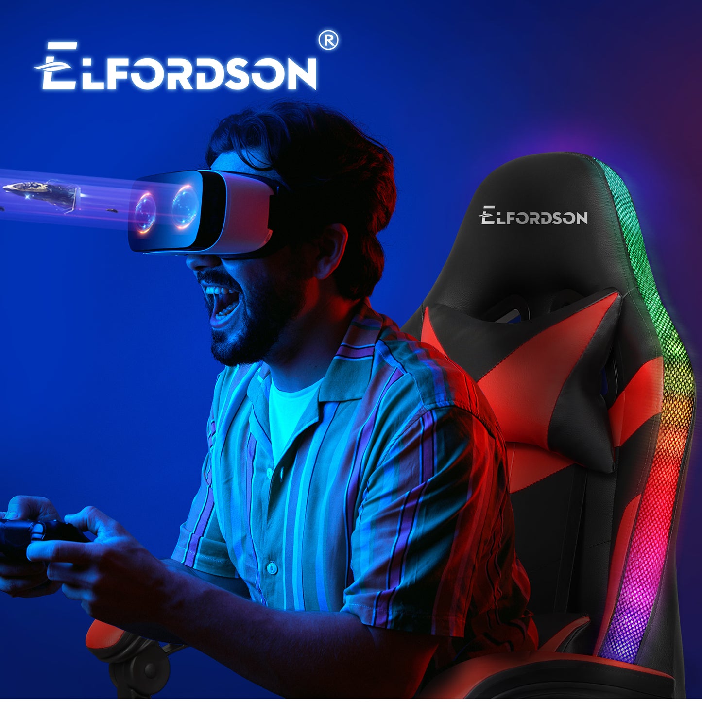 ELFORDSON Gaming Chair Office Massage 12 RGB LED Computer Seat PU Leather Red