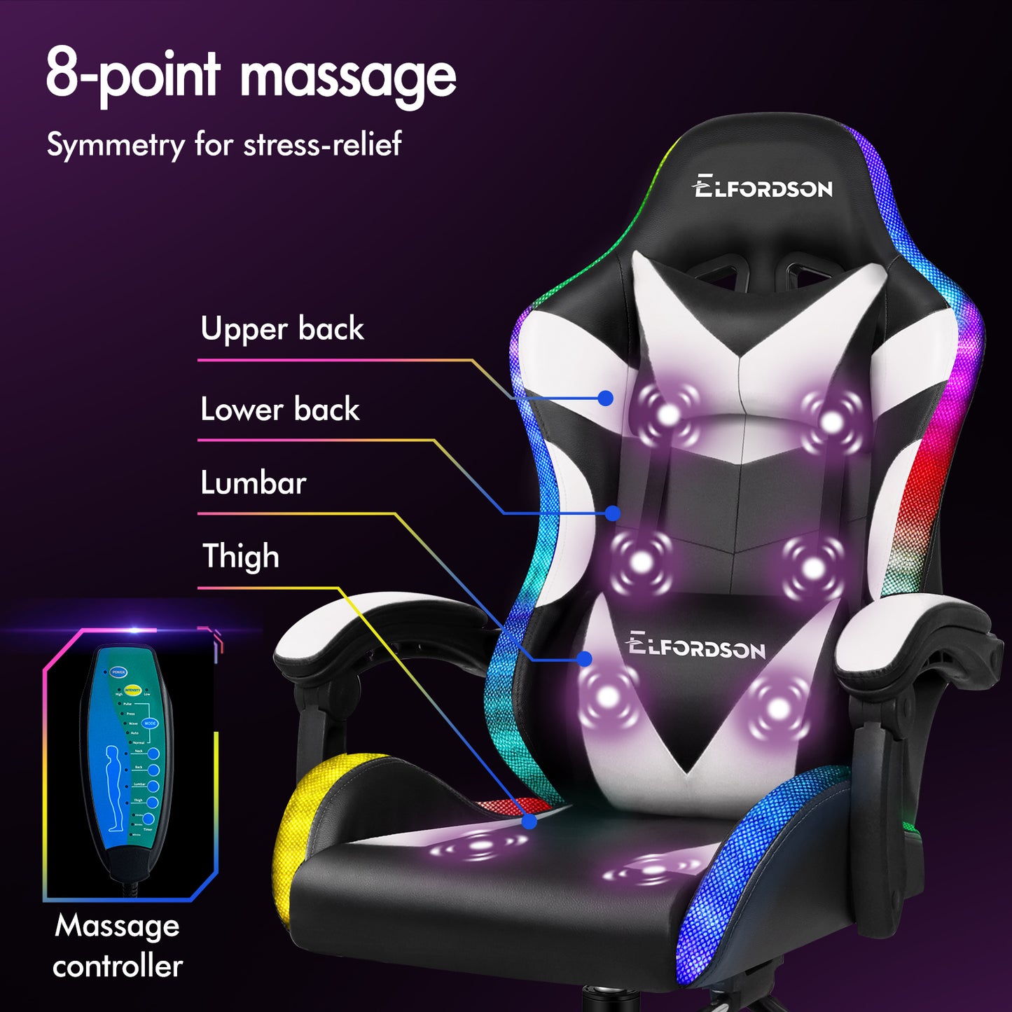 ELFORDSON Gaming Chair Office Massage 12 RGB LED Computer Seat PU Leather White