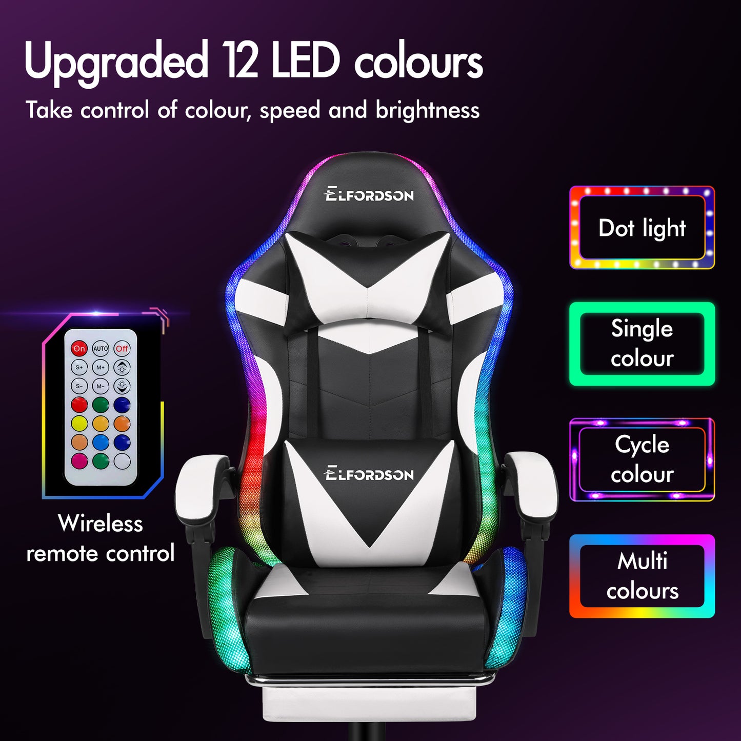 ELFORDSON Gaming Chair Office Massage 12 RGB LED Computer Seat PU Leather White