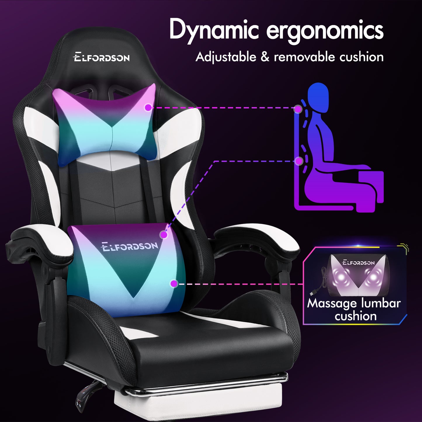ELFORDSON Gaming Chair Office Massage 12 RGB LED Computer Seat PU Leather White