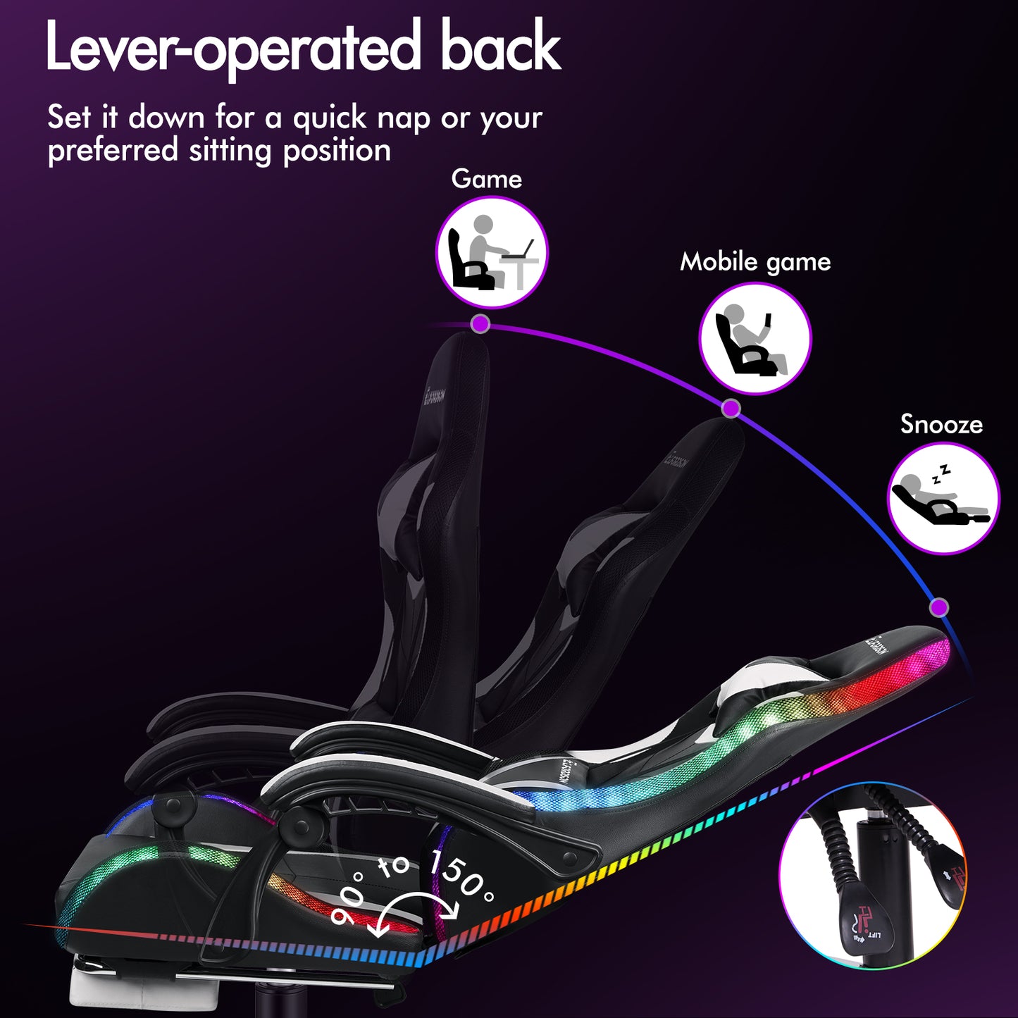 ELFORDSON Gaming Chair Office Massage 12 RGB LED Computer Seat PU Leather White